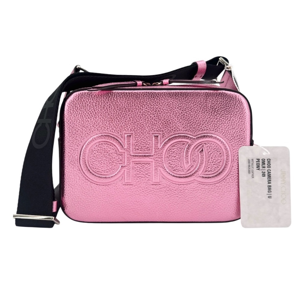Jimmy Choo Metallic Pink Crossbody Bag with Black Strap